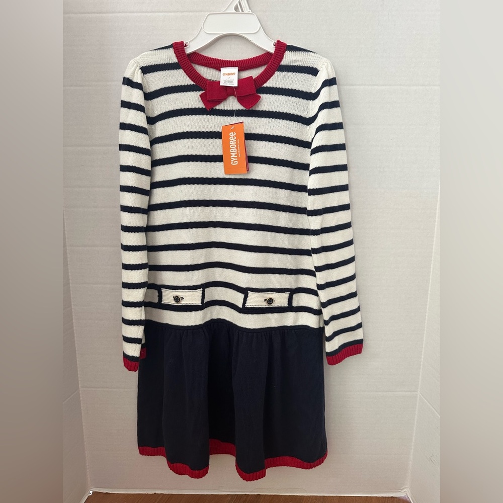 NWT GYMBOREE Red Navy White Striped Sz. 7 Long Sleeve Casual Cotton Dress!